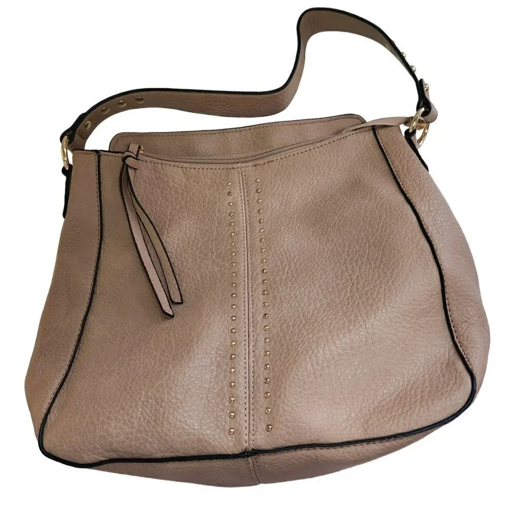 Montana West Beige Pebbled Faux Leather Studded Hobo Bag